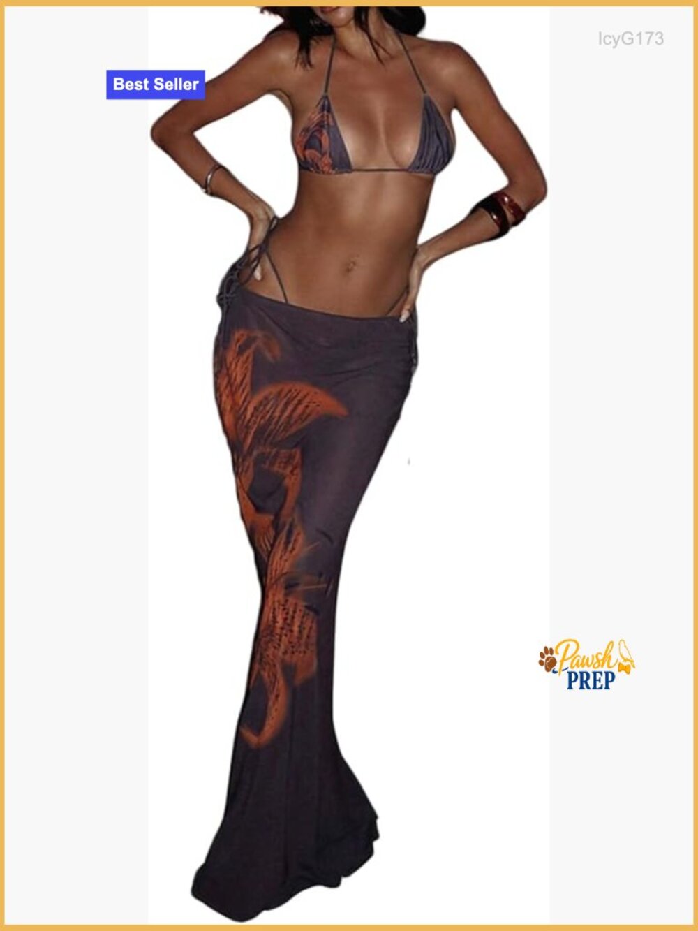 3 Piece Sexy Floral Bikini Set with Mesh Maxi Skirt Bathing Suit
